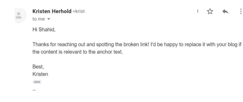 Broken Link Email response
